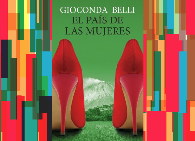 Tapa del libro donde se ve un paisaje de un volcán de fondo, árboles y césped en un tono verde y en primer plano un par de zapatos rojos con un fondo colorido de franjas verticales que asemejan libros.