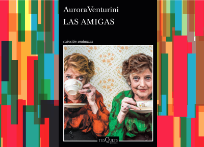 Tapa del libro donde están dos mujeres tomando el té con un fondo colorido de franjas verticales que asemejan libros.