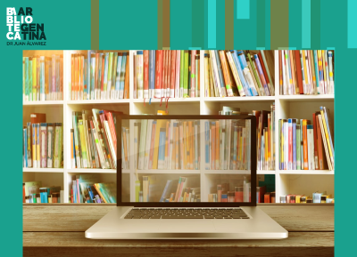 Imagen de una computadora portátil cuya pantalla es transparente y una estantería de libros atrás. Con un fondo verde, líneas de diferentes colores que asemejan libros, y marca de la Biblioteca Argentina Dr. Juan Álvarez en la parte superior izquierda.